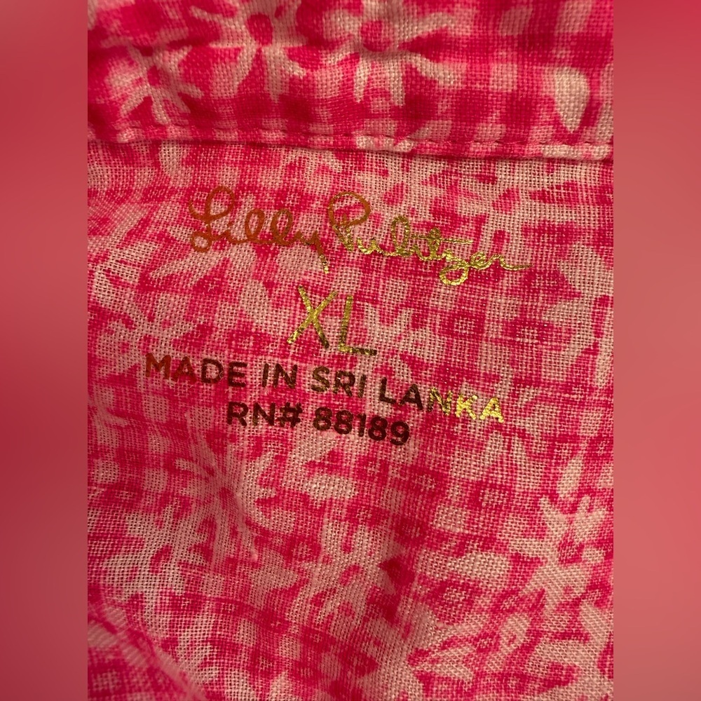 Lilly Pulitzer Sea View linen button-down shirt pink gingham floral Size XL - Picture 3 of 9